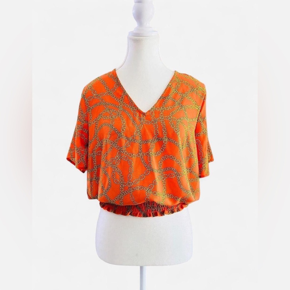 Michael Kors Orange Chain Print Cropped Blouse Size S